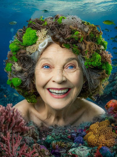 Smiling elderly caucasian blue eyed lady submerged in a coral reef, surrounded by vibrant marine life, earth day concept, AI generated