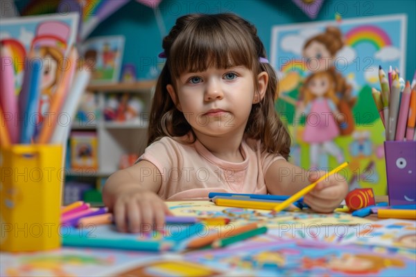 A pre-school girl sits at a table and draws a picture with coloured pencils, AI generated, AI generated, AI generated