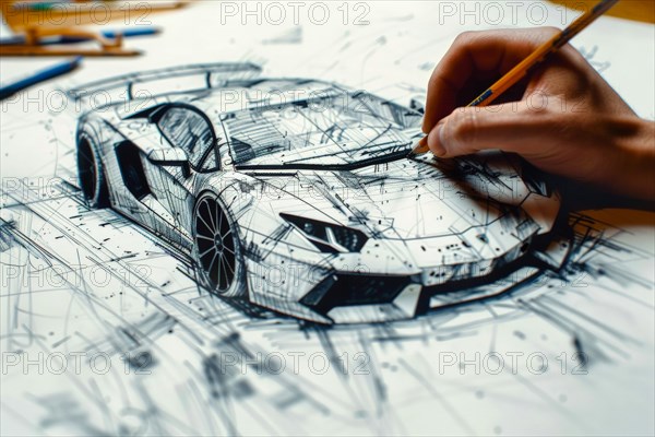 A designer in the field of automotive design, industrial design sketches a super sports car by hand with a pen, AI generated, AI generated, AI generated