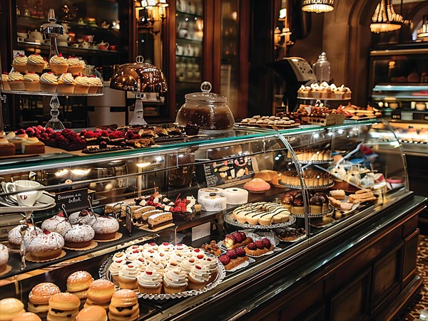 Elegant patisserie featuring an illuminated display case filled with colorful, luxurious desserts, coffee shop, Rome, Italy, AI generated, Europe