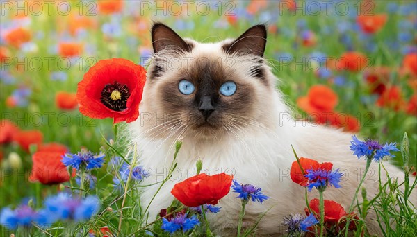 KI generated, animal, animals, mammal, mammals, cat, felidae (Felis catus), a cat lies in a meadow with cornflowers and poppies