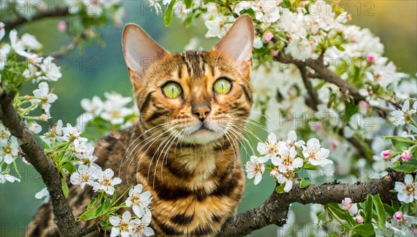 AI generated, animal, animals, mammal, mammals, cat, felidae (Felis catus), a cat resting on a tree, tree blossom, spring, summer