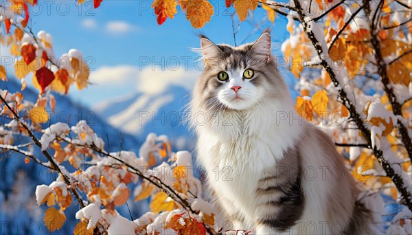 AI generated, animal, animals, mammal, mammals, cat, felidae (Felis catus), American Forest Cat, sitting in a tree, autumn, autumn leaves, onset of winter