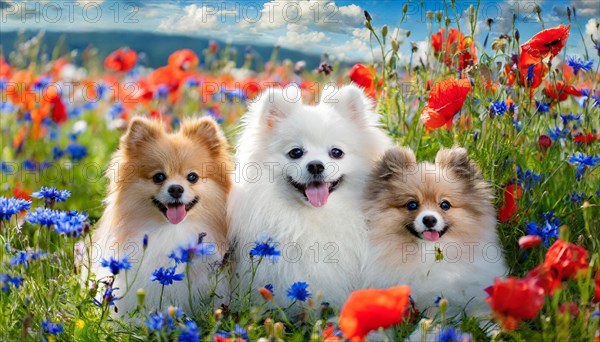 KI generate, animal, animals, mammal, mammals, dwarf spitz, Spitz, (Canis lupus familiaris), dog, dogs, bitch, Pomeranians, a bitch and two puppies sitting in a meadow with poppies and cornflowers