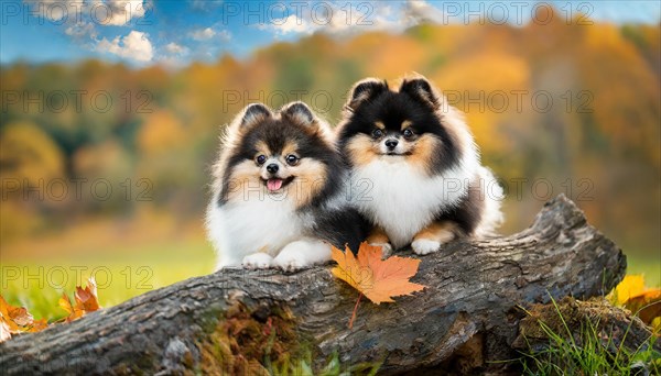 KI generated, animal, animals, mammal, mammals, one, single animal, dwarf spitz, Spitz, (Canis lupus familiaris), dog, dogs, bitch, Pomeranians, two colourful puppies lying on a tree trunk, autumn