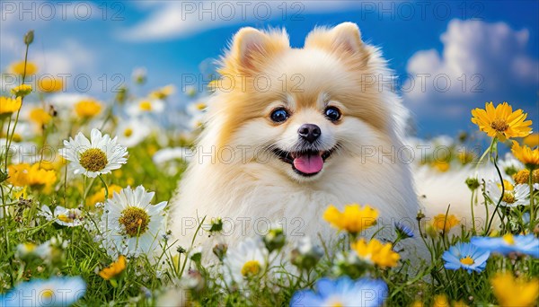 KI generated, animal, animals, mammal, mammals, one, single animal, dwarf spitz, Spitz, (Canis lupus familiaris), dog, dogs, bitch, Pomeranians, flower meadow, summer