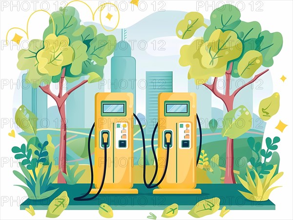 Bright and colorful illustration of electric car chargers in an urban green space, illustration, AI generated
