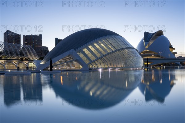 L'Hemisferic in the City of Arts and Sciences, behind it the Palau de les Arts Reina Sofia opera house, Cuitat de les Arts i les Ciences, Valencia, Spain, Europe