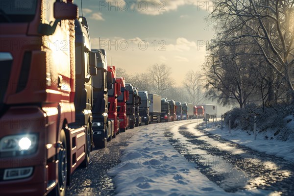 Traffic jams, congested motorway with many lorries and cars in winter, bad weather conditions, snow chaos, limited visibility, AI generated