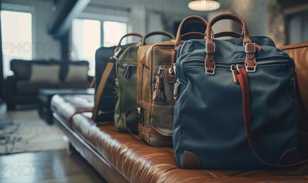 Luxurious leather bags displayed on a couch in a showroom with soft lighting AI generated