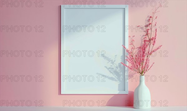 Flat background with blank poster mockup on pink wall AI generated