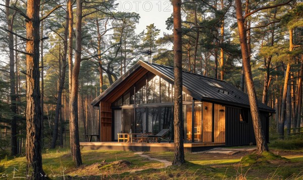 A modern wooden cabin nestled among tall pine trees in the forest AI generated