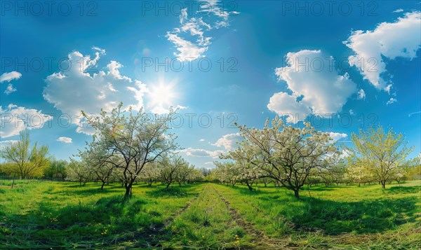 Blue skies over a blooming orchard AI generated