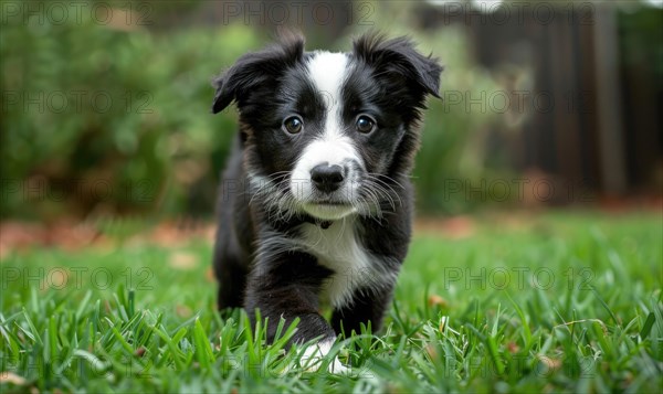 Border collie puppy eagerly awaiting a game of fetch in a grassy park AI generated