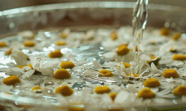 Close-up of chamomile flowers being distilled, nature beauty background AI generated