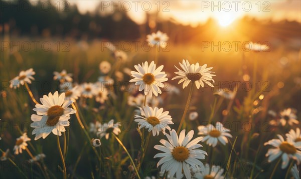Daisies in a field at sunset, fields and meadows, spring nature background AI generated
