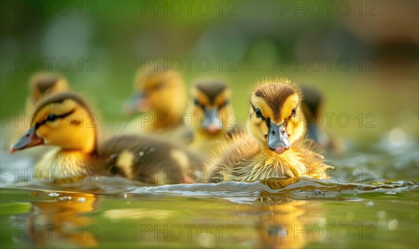 Ducklings swimming in a pond, close up view AI generated