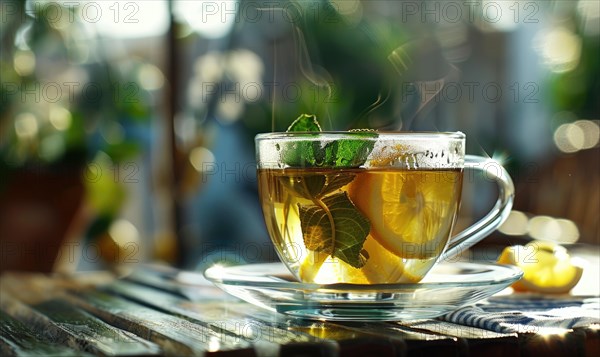 Herbal tea and lemon in a clear glass cup AI generated