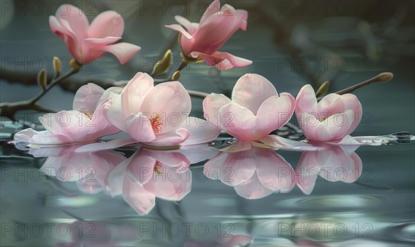 Magnolia blossoms reflected in the still waters of a tranquil pond. Magnolia blossoms touch water surface AI generated