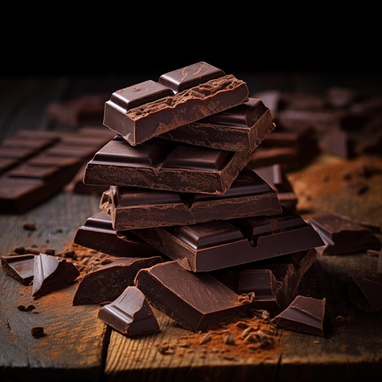 Stack of dark chocolate pieces with some broken segments, AI generated