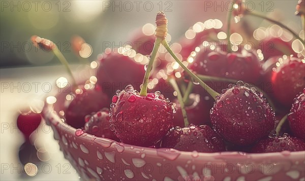 Close-up of a bowl of ripe cherries on a kitchen counter AI generated