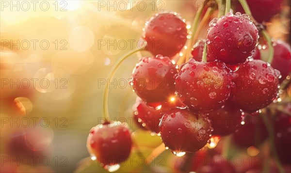 Close-up of a cluster of ripe cherries glistening in the sunlight AI generated