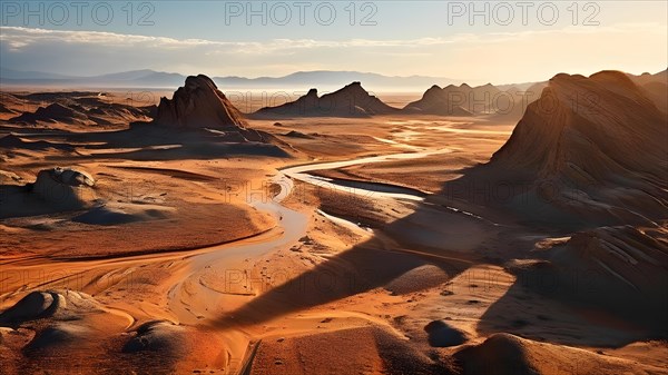 Patagonian desert landscape with powerful wind shaping landforms isolated rock formations, AI generated