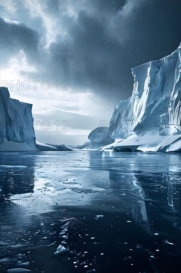 Antarctic ice shelf stretching to the horizon juxtaposed by towering icebergs, AI generated