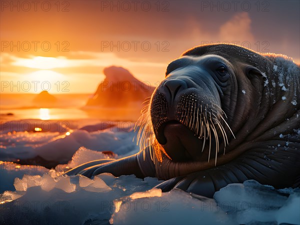 Walrus lounging on coastal ice, AI generated