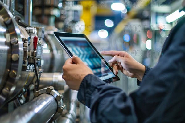 Hands holding smart industry control tablet with blurry machine in background. KI generiert, generiert, AI generated