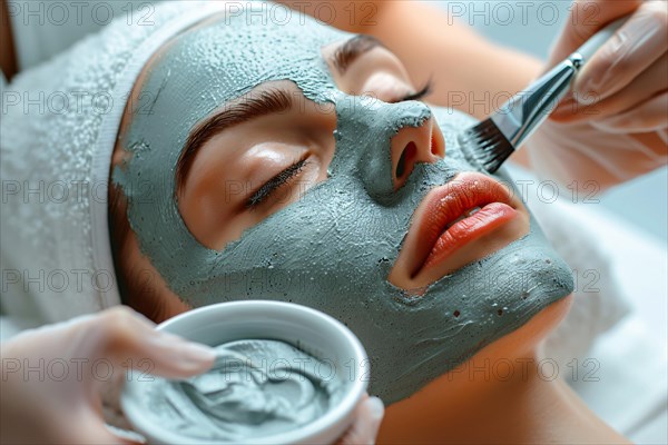Cosmetician applying green clay beauty skin care face mask on woman's face. KI generiert, generiert, AI generated