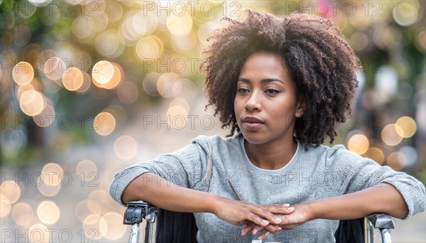 Relaxed woman in a wheelchair at an urban park surrounded by soft bokeh lights, AI generated