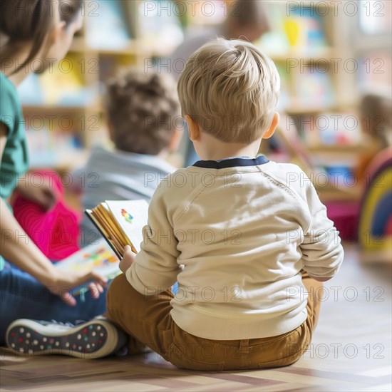 A toddler sits in front of a bookshelf and looks at a book, AI generated