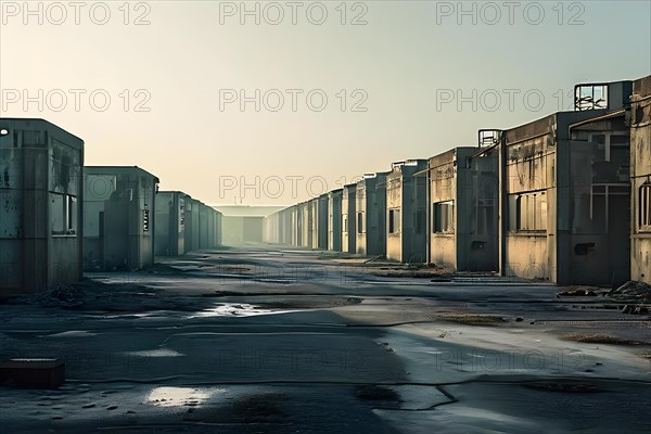 Deserted military base featuring empty barracks and abandoned tanks in silent, AI generated