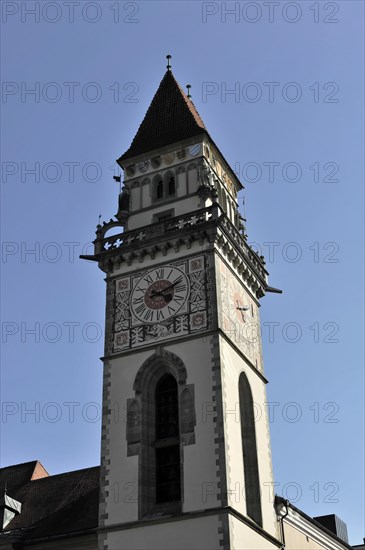 Town Hall Tower Old Town Hall, Passau, Medieval tower with a large clock and blue sky, Passau, Bavaria, Germany, Europe