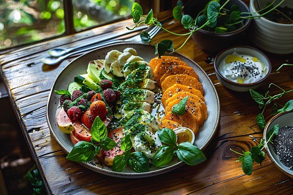 Vibrant smoothie bowl with a variety of fruits, topped with chia seeds, and mint on a wooden table, AI generated