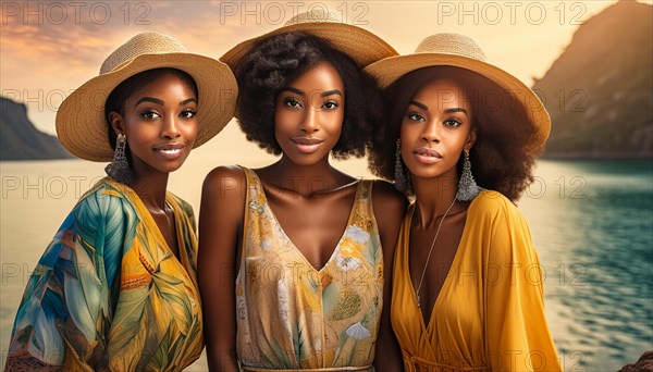 Three fashionable women in summer attire posing together during golden hour on a tropical vacation, blurry moody landscaped background with bokeh effect, AI generated