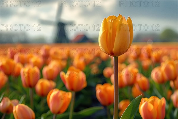 A single yellow tulip stands in the foreground with a Dutch windmill blurred in the background, AI generated