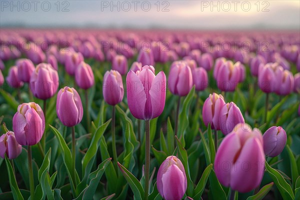 A field of pink tulips under soft dusk light, AI generated