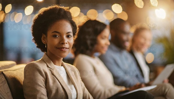 Confident professional woman with a smile, blurred colleagues in the background, bokeh effect, AI generated