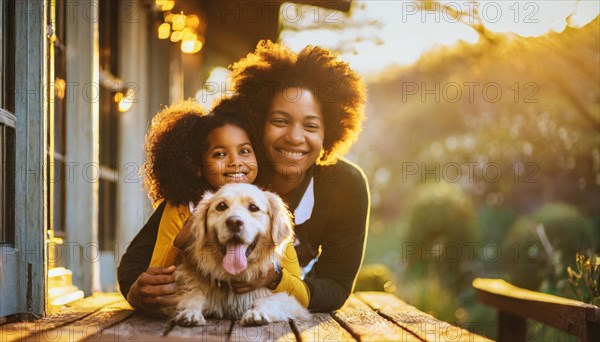 A woman and a child are laying on the ground with a golden retriever. Scene is warm and loving, as the family is enjoying a moment together with their pet AI genreated, AI generated