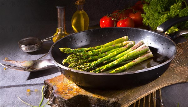 Fresh asparagus in a rustic pan surrounded by tomatoes and spices, green asparagus, asparagus spears, AI generated, AI generated