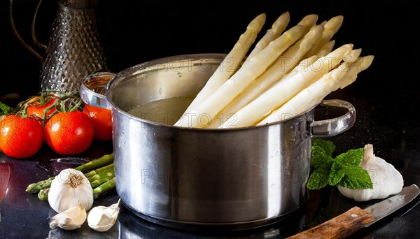 A pot of asparagus and fresh vegetables on a dark background, fresh white asparagus in a cooking pot, KI generated, AI generated