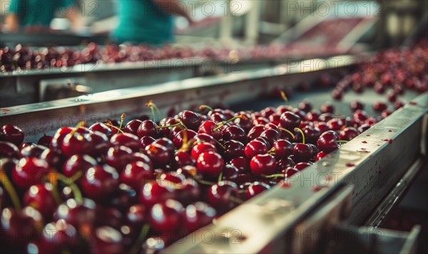 Ripe cherries being sorted and packaged in a bustling fruit processing facility AI generated