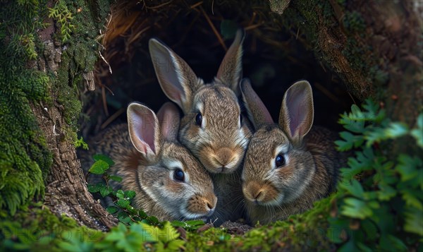 A bunny family nestled together in a cozy burrow AI generated