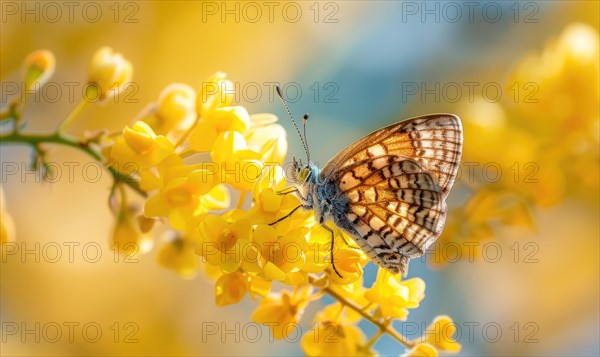 A close-up of a butterfly resting on a laburnum blossom AI generated