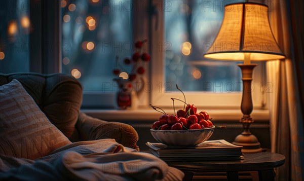 Rip cherries in the bowl, room interior in warm lighting AI generated