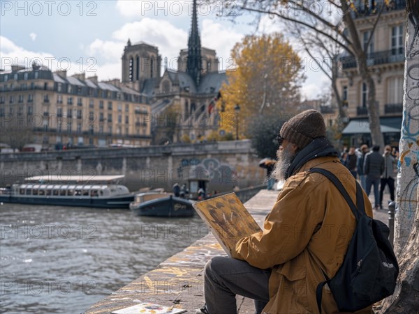 Person liest ein Buch am sonnigen Seine-Ufer mit Blick auf die Notre-Dame, Lifestyle in Paris, Frankreich, AI generiert, AI generated