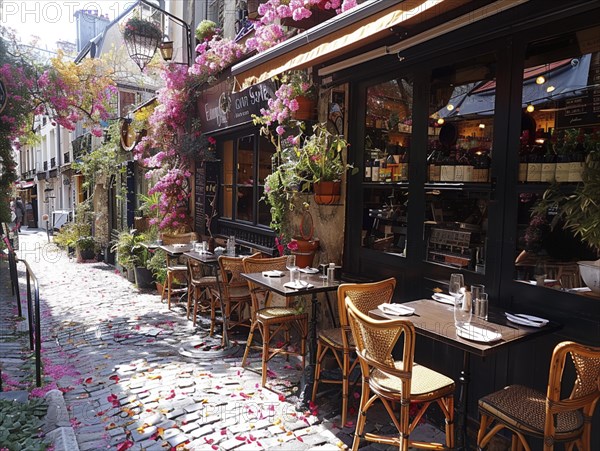 Gemuetliches Cafe mit Blumen dekoriert und leeren Tischen auf Kopfsteinpflaster, Lifestyle in Paris, Frankreich, AI generiert, AI generated