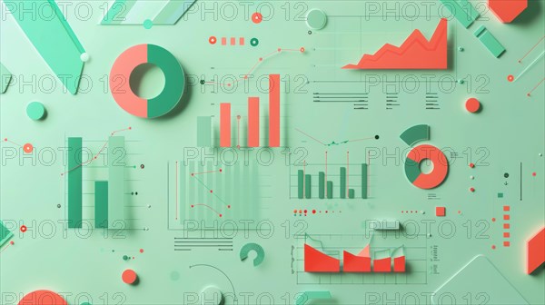 Abstract 3D representation of stylized data using charts and geometric shapes in red and green, ai generated, AI generated